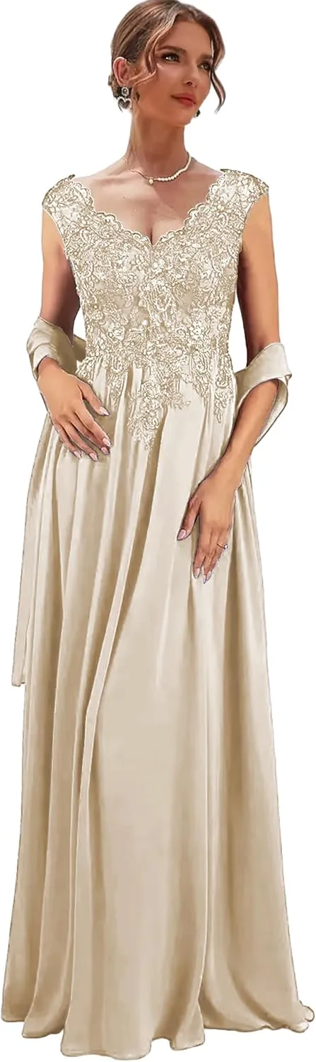2 Pieces Mother of The Bride Dresses with Shawl Lace Long Formal Dress for Women Wedding Guest