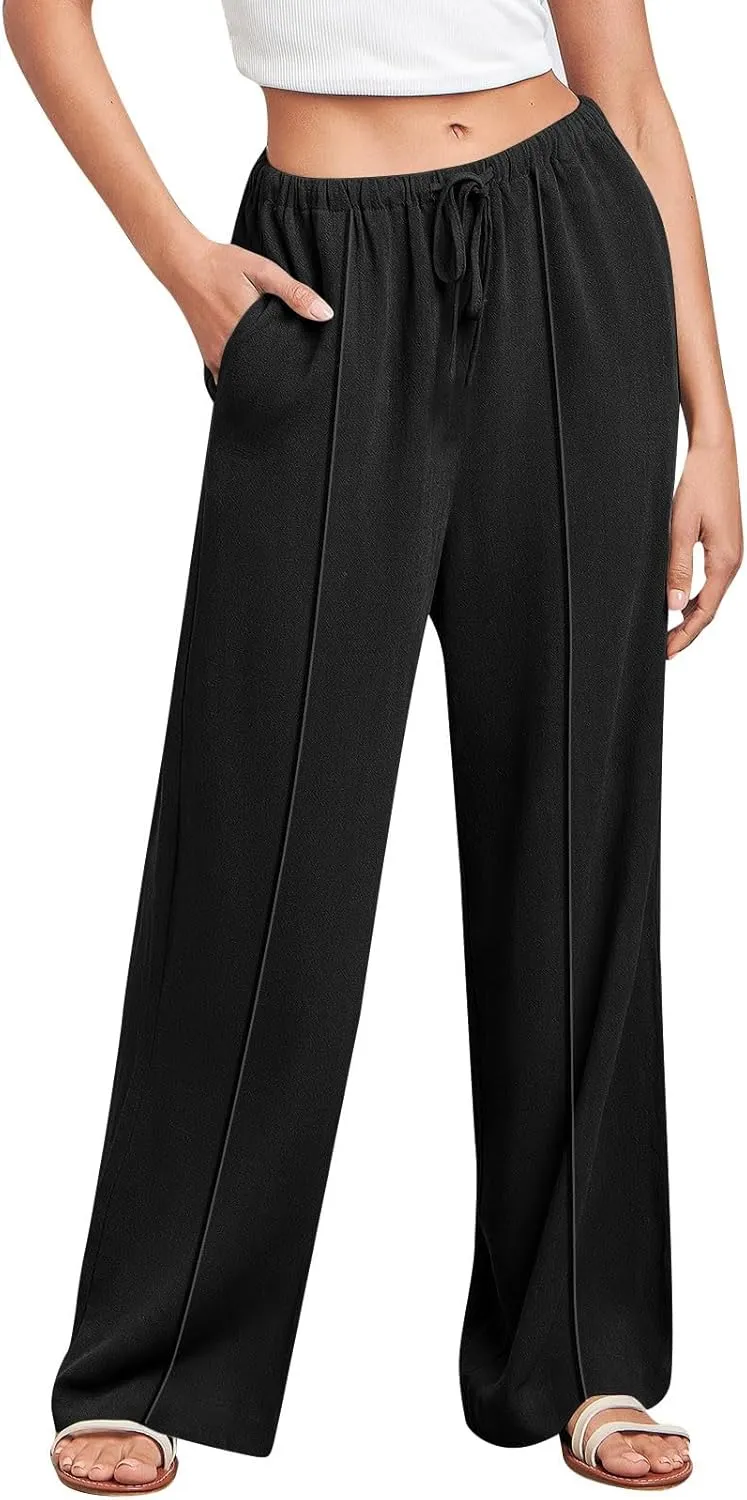 2024 Summer Linen Palazzo Pants Womens Casual Loose Drawstring Beach Palazzo Harem Joggers Pants with Pockets
