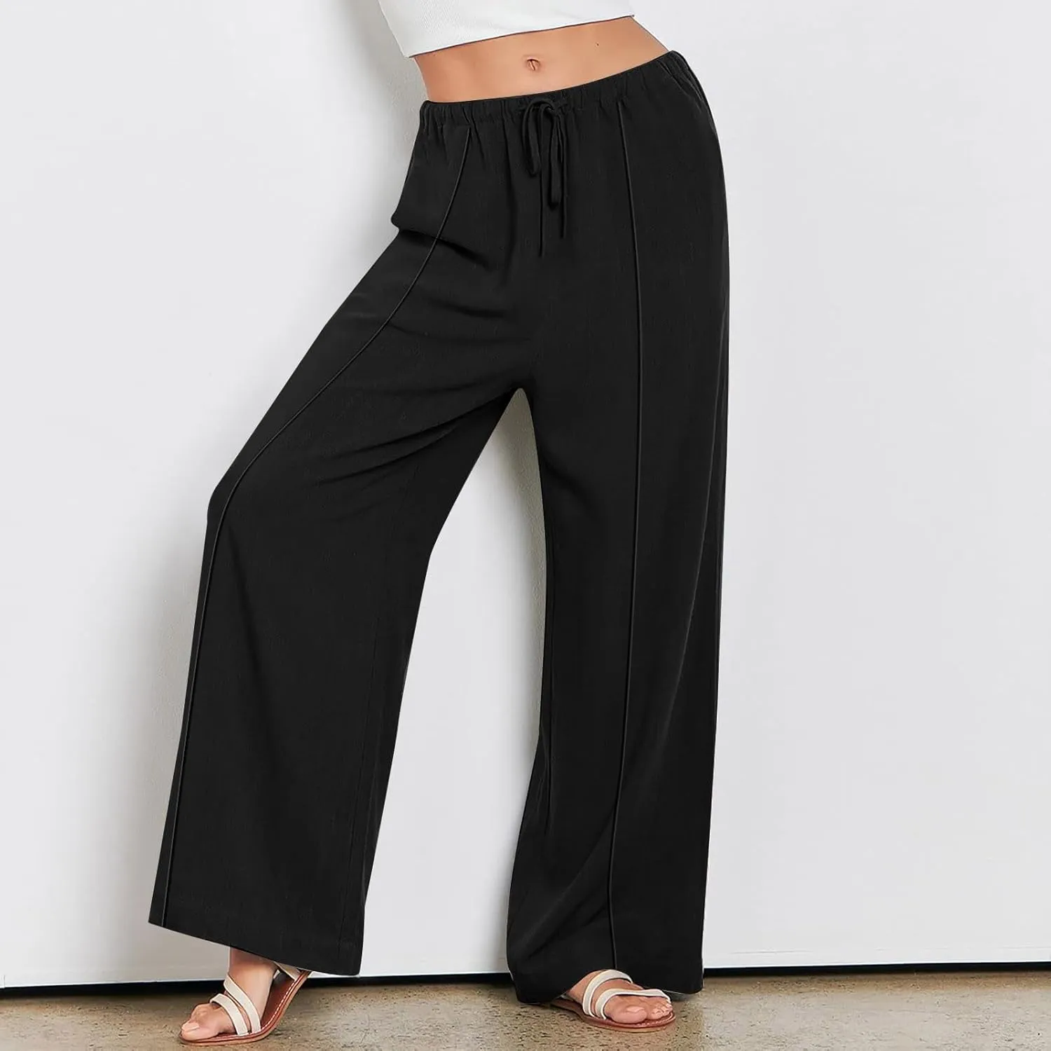 2024 Summer Linen Palazzo Pants Womens Casual Loose Drawstring Beach Palazzo Harem Joggers Pants with Pockets