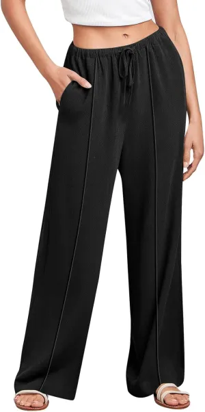 2024 Summer Linen Palazzo Pants Womens Casual Loose Drawstring Beach Palazzo Harem Joggers Pants with Pockets