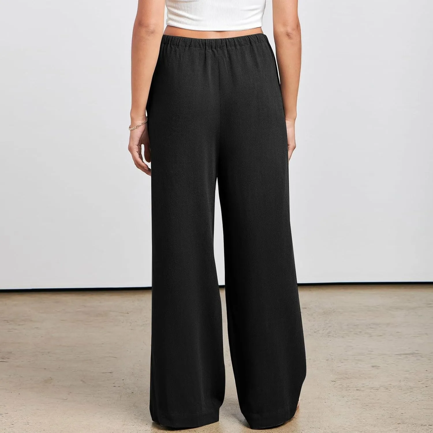 2024 Summer Linen Palazzo Pants Womens Casual Loose Drawstring Beach Palazzo Harem Joggers Pants with Pockets