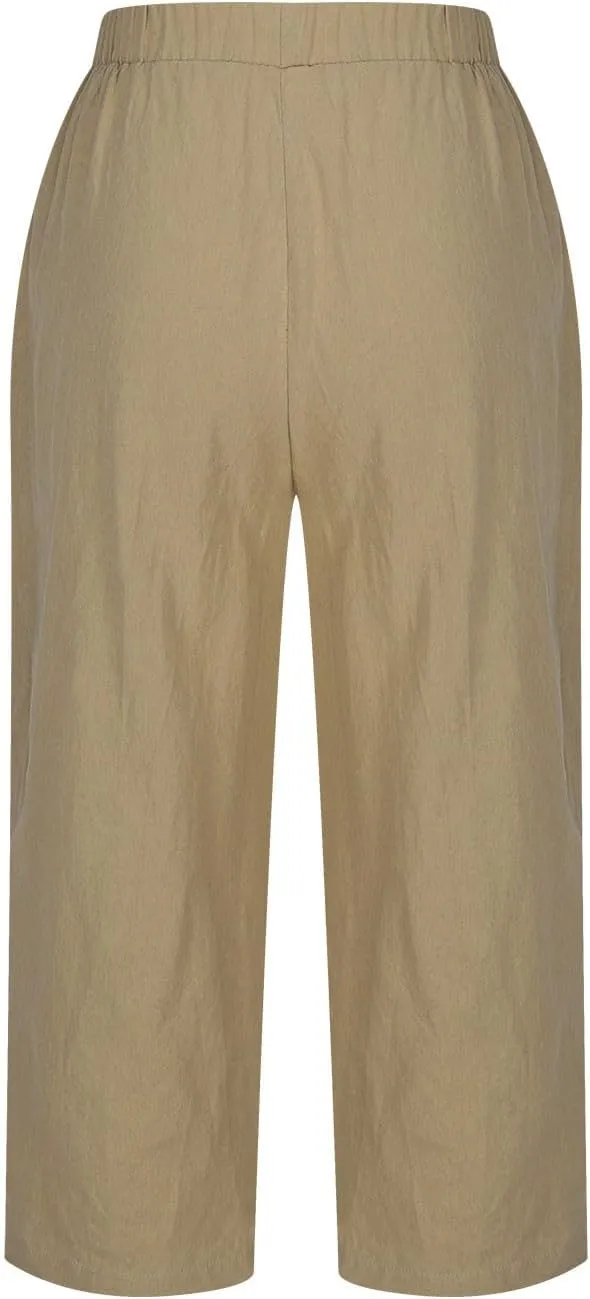 2025 Capri Linen Pants for Women Wide Leg Casual Summer Palazzo Pants High Waisted Beach Trousers with Pockets