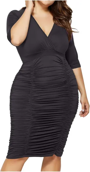 2025 Plus Size Bodycon Dress for Women Wrap V Neck Short Sleeve Midi Dress for Cocktail Wedding Guest Formal Party