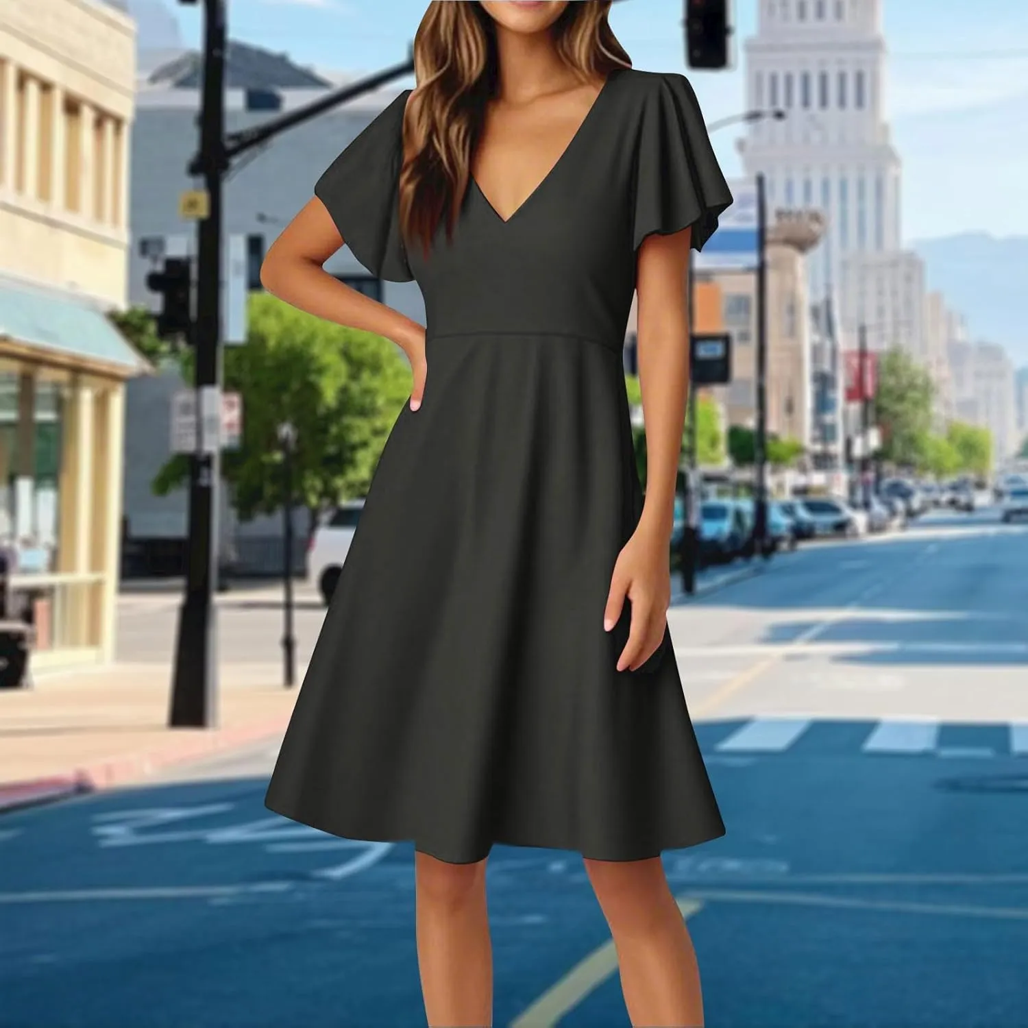 4Th of July Summer Midi Dress Women Patriotic V Neck Short Sleeve A Line Red White and Blue Dress American Flag Outfits