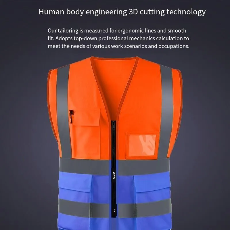 6 Pieces Zipper Multi Pocket Reflective Vest Car Traffic Safety Warning Vest Reflective Environmental Sanitation Construction Duty Riding Safety Suit Fluorescent Orange Blue Two Color