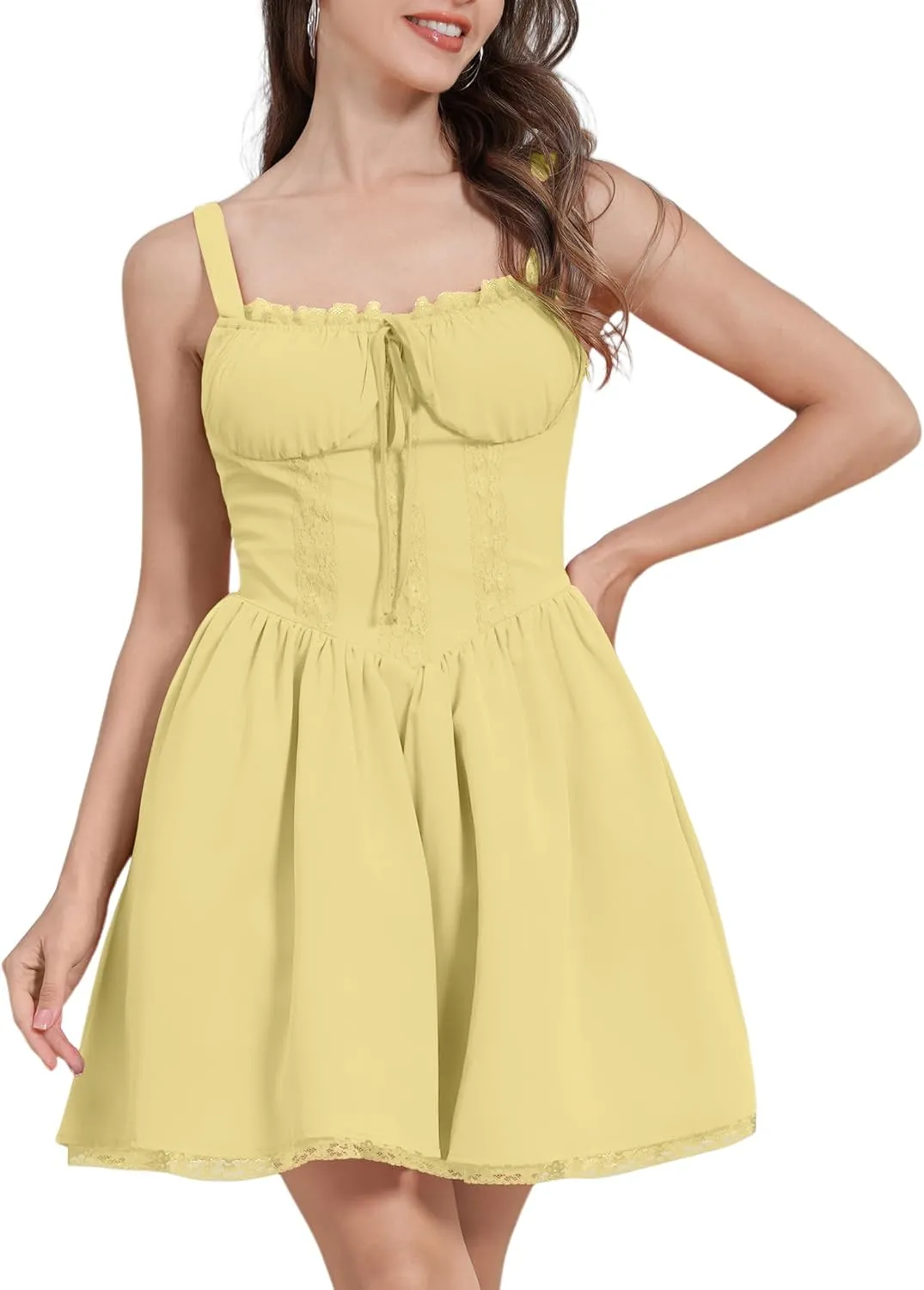 ABAFIP Women's Corset Mini Dress Spaghetti Straps Backless Lace up Low Cut Ruffle Short Dress Sundress