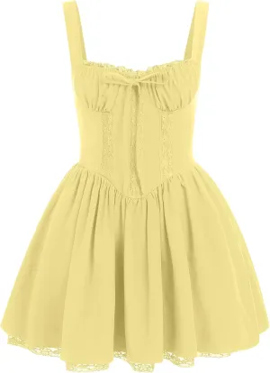 ABAFIP Women's Corset Mini Dress Spaghetti Straps Backless Lace up Low Cut Ruffle Short Dress Sundress