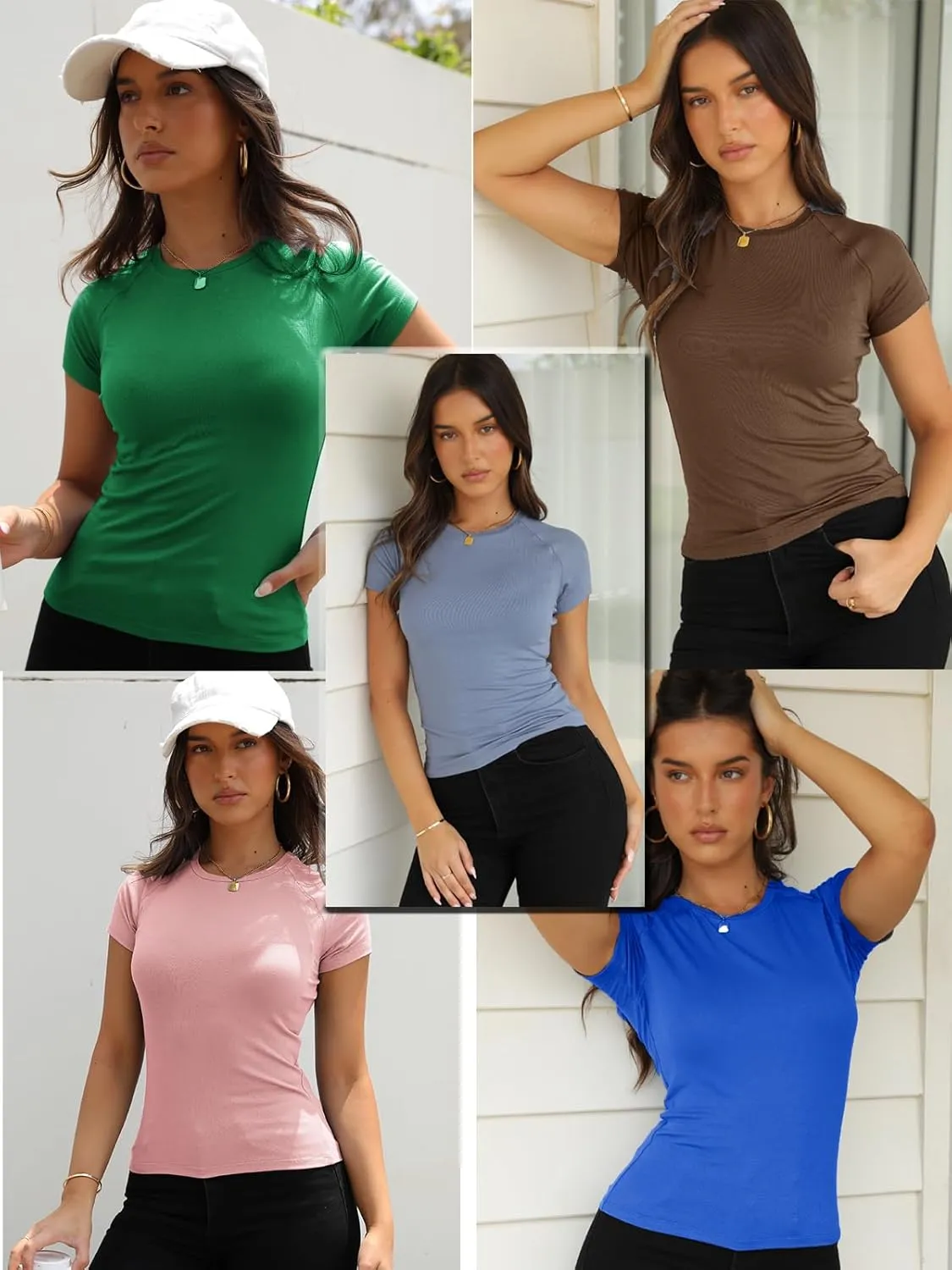Abardsion 2025 Women Casual Activewear T Shirts Basic Crewneck Raglan Short Sleeve Slim Tight Fit Going Out Tops