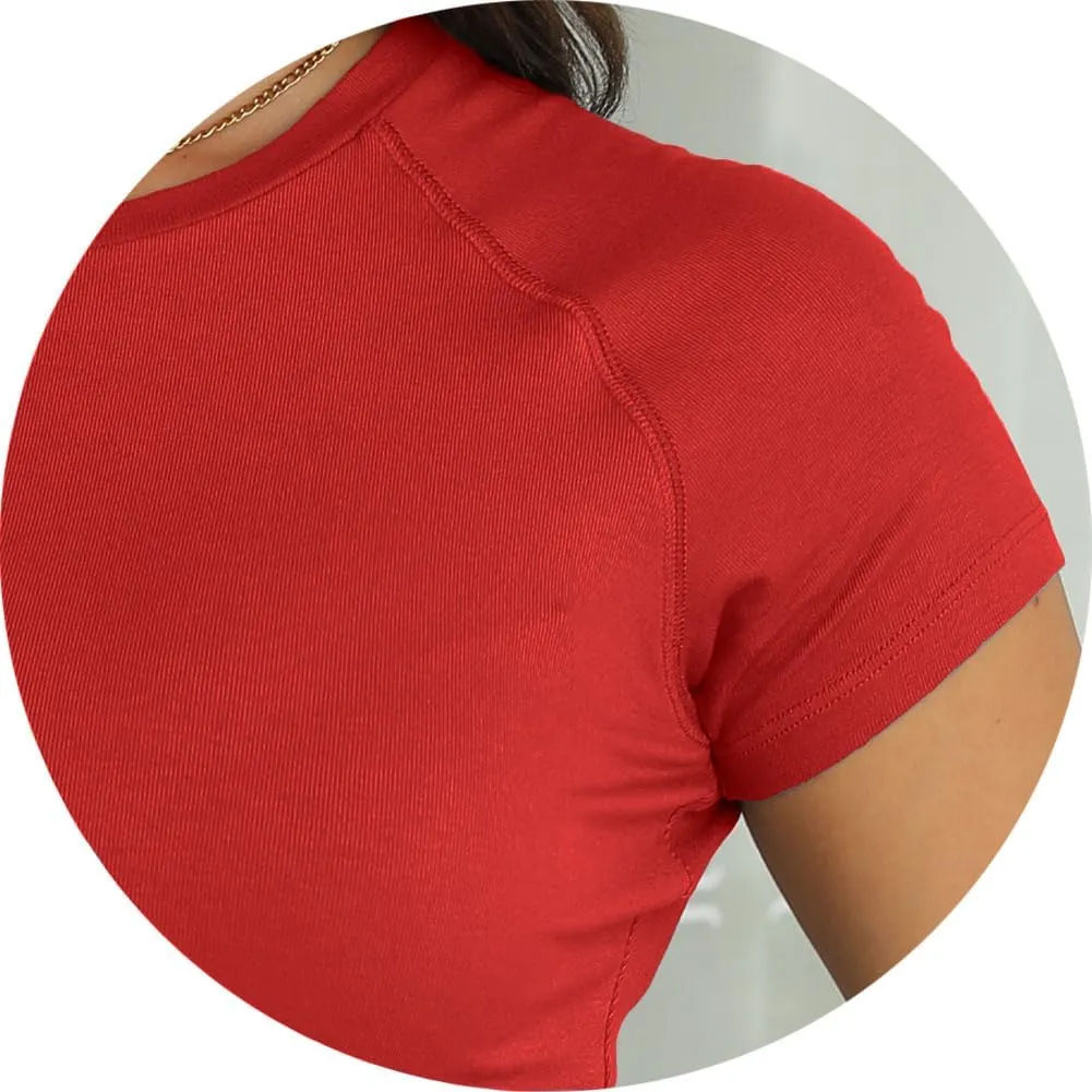Abardsion 2025 Women Casual Activewear T Shirts Basic Crewneck Raglan Short Sleeve Slim Tight Fit Going Out Tops