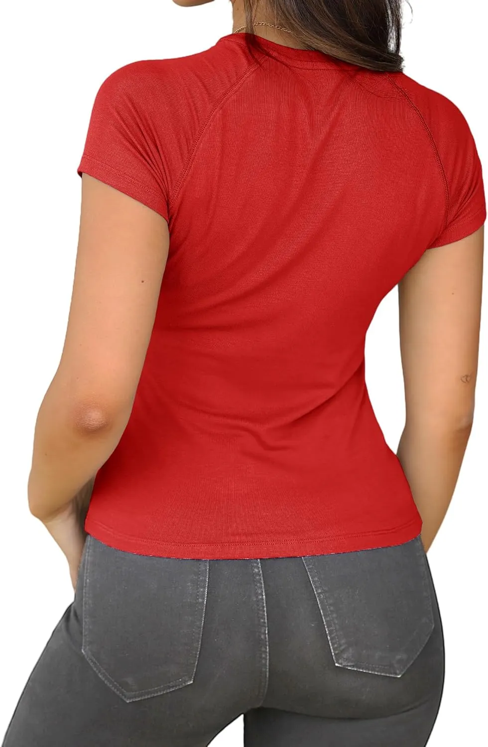 Abardsion 2025 Women Casual Activewear T Shirts Basic Crewneck Raglan Short Sleeve Slim Tight Fit Going Out Tops