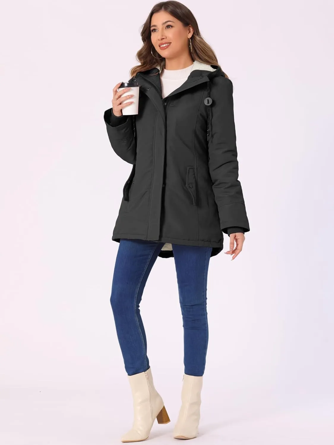 Allegra K Women's Parka Coat Tie Waist Pockets Faux Fur Hooded Jackets