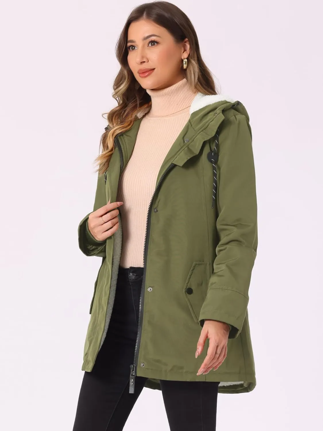 Allegra K Women's Parka Coat Tie Waist Pockets Faux Fur Hooded Jackets
