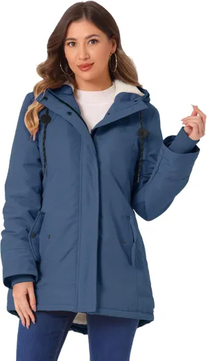 Allegra K Women's Parka Coat Tie Waist Pockets Faux Fur Hooded Jackets