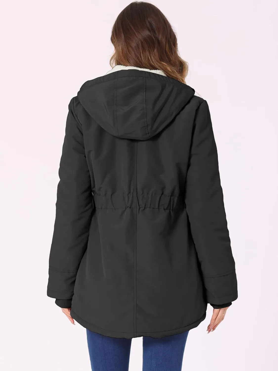 Allegra K Women's Parka Coat Tie Waist Pockets Faux Fur Hooded Jackets