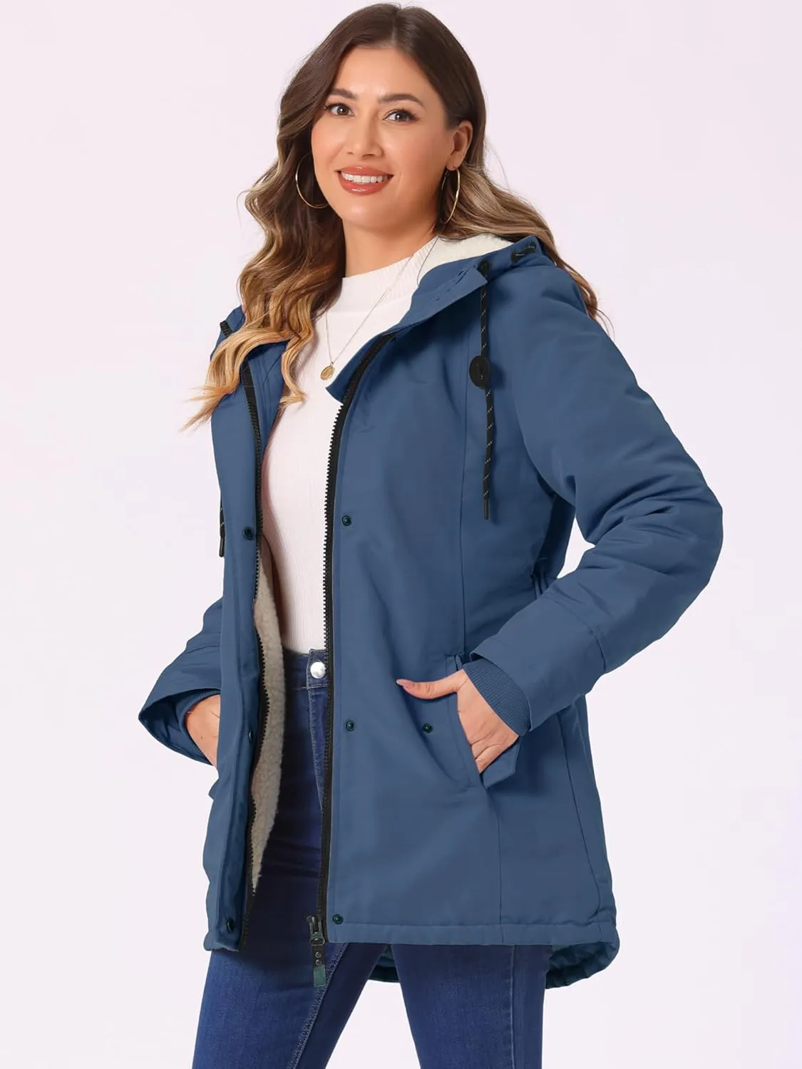 Allegra K Women's Parka Coat Tie Waist Pockets Faux Fur Hooded Jackets