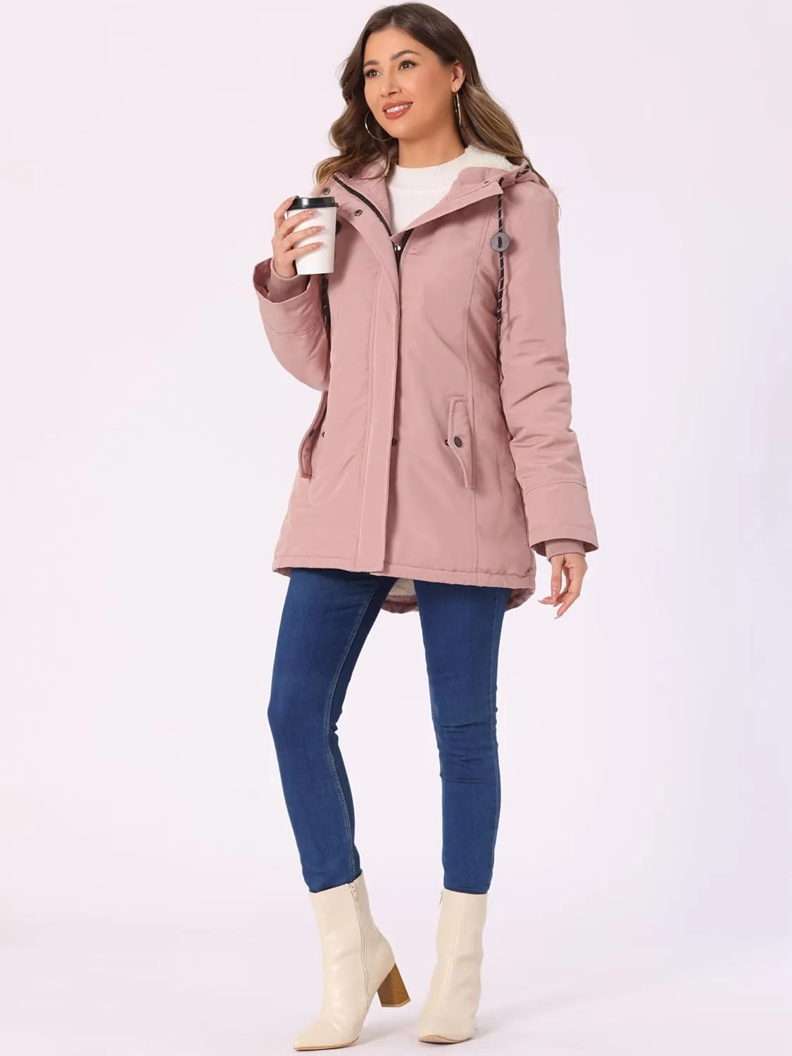 Allegra K Women's Parka Coat Tie Waist Pockets Faux Fur Hooded Jackets