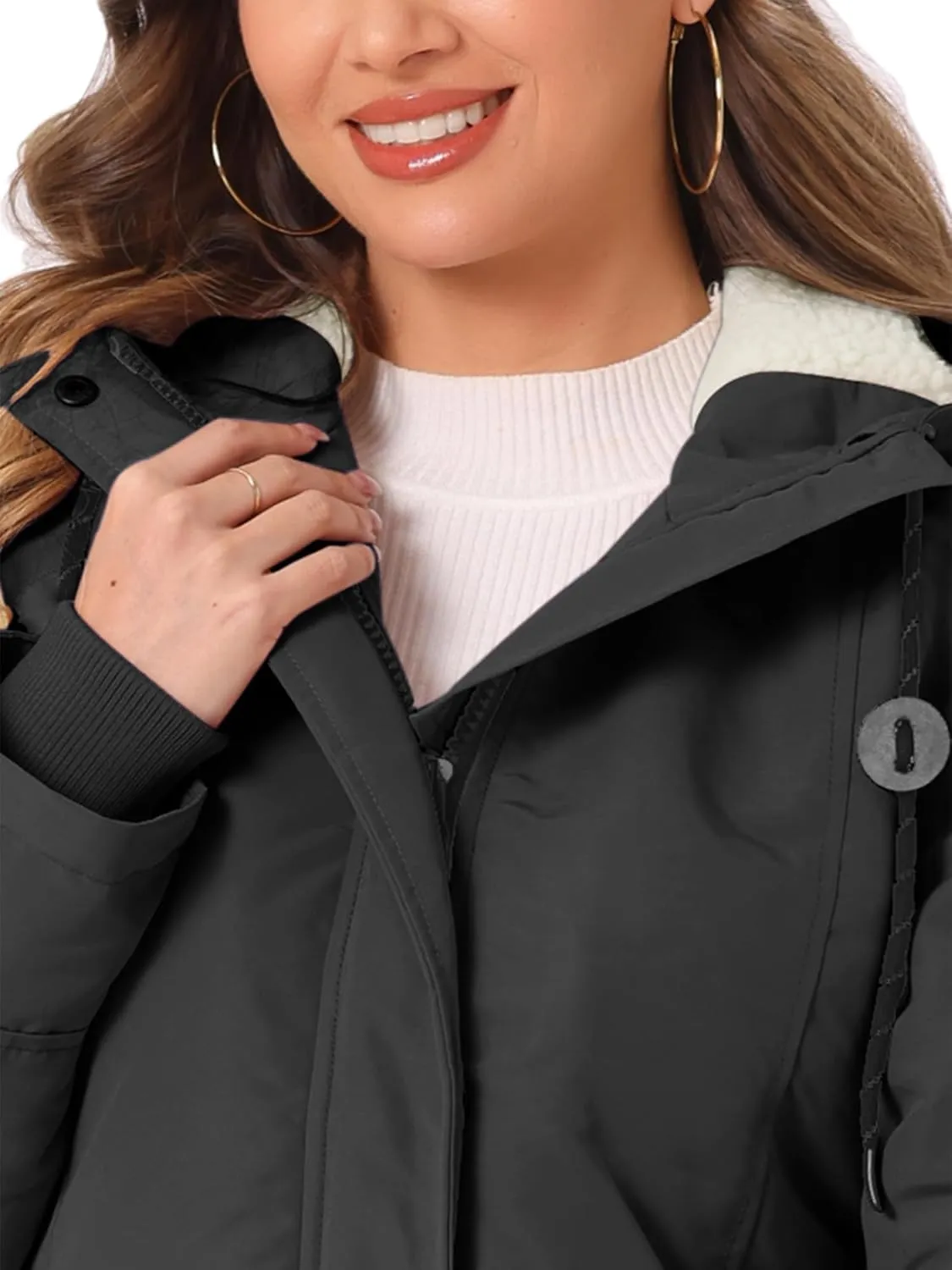 Allegra K Women's Parka Coat Tie Waist Pockets Faux Fur Hooded Jackets
