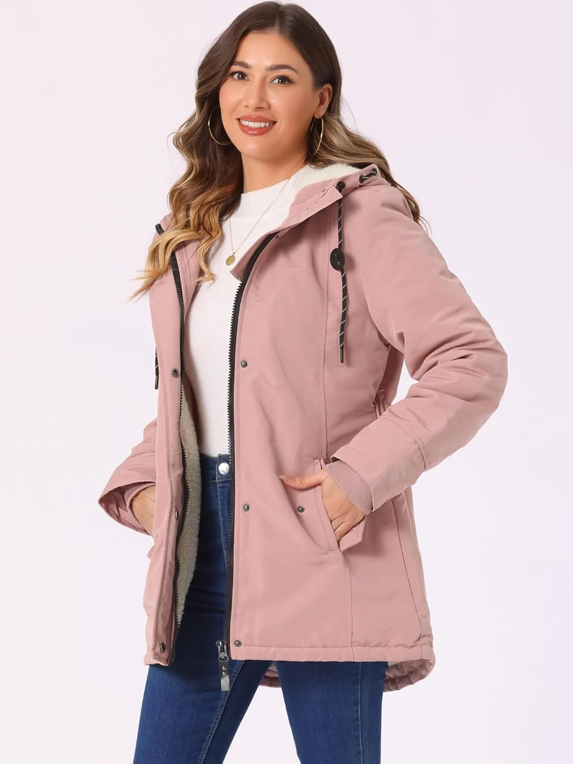 Allegra K Women's Parka Coat Tie Waist Pockets Faux Fur Hooded Jackets