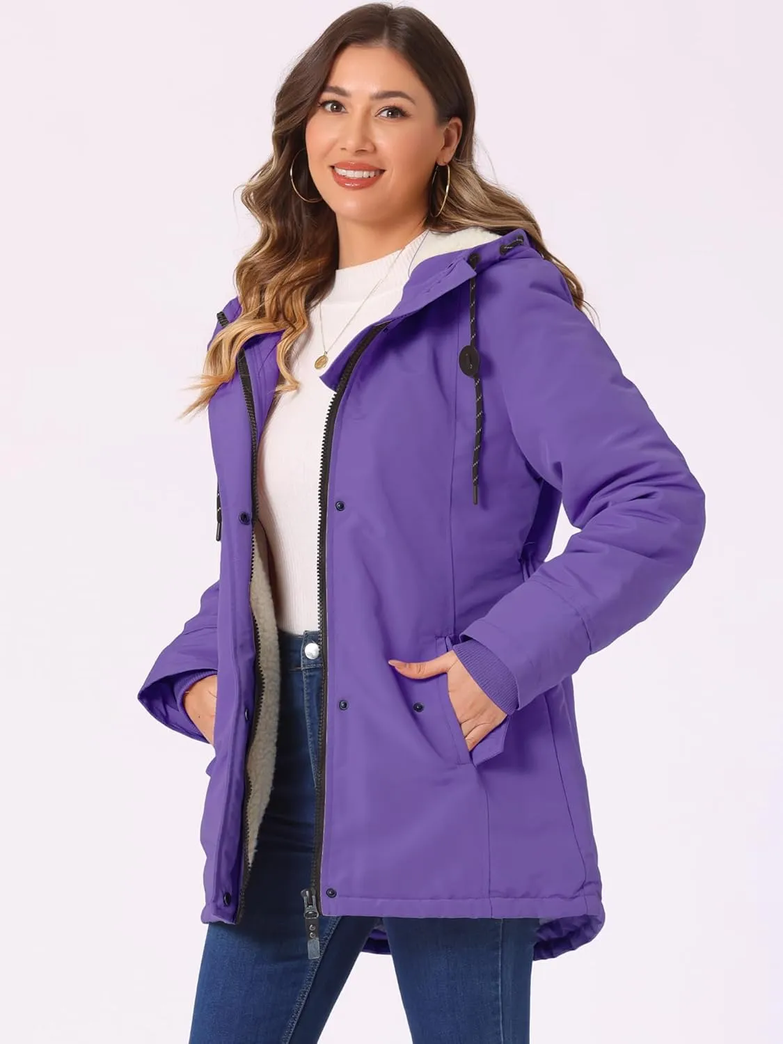 Allegra K Women's Parka Coat Tie Waist Pockets Faux Fur Hooded Jackets