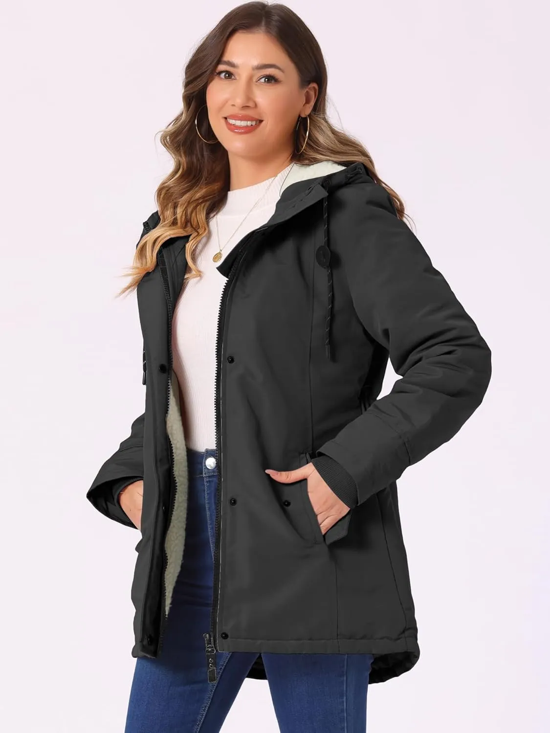 Allegra K Women's Parka Coat Tie Waist Pockets Faux Fur Hooded Jackets