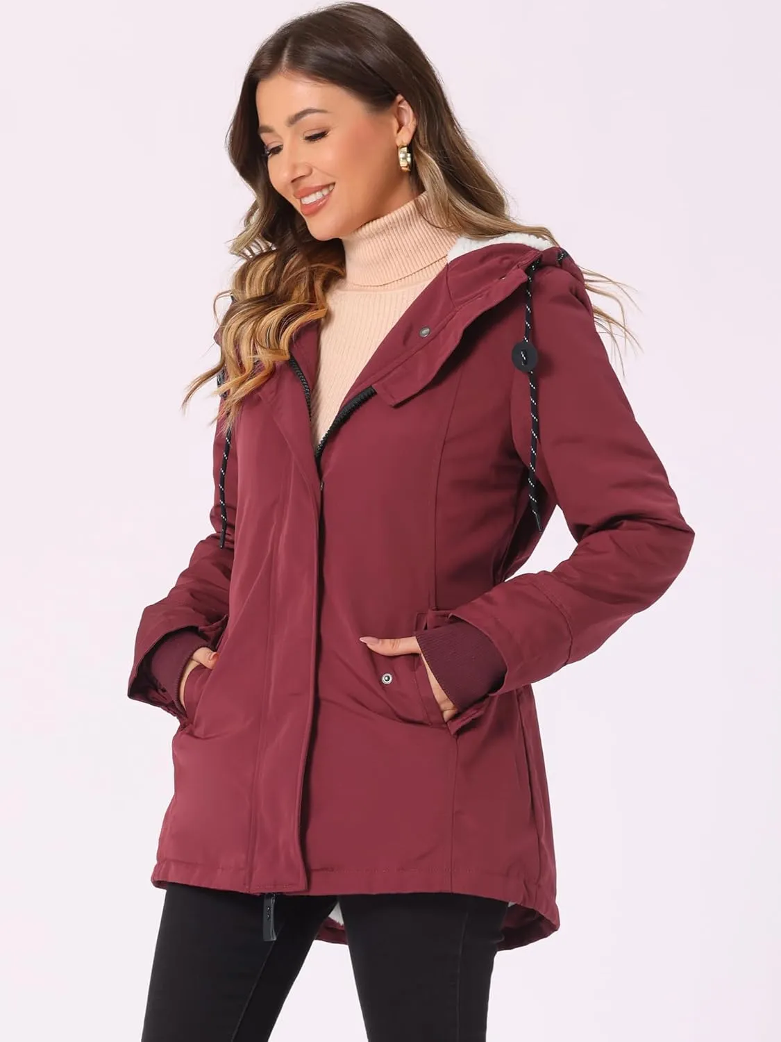 Allegra K Women's Parka Coat Tie Waist Pockets Faux Fur Hooded Jackets