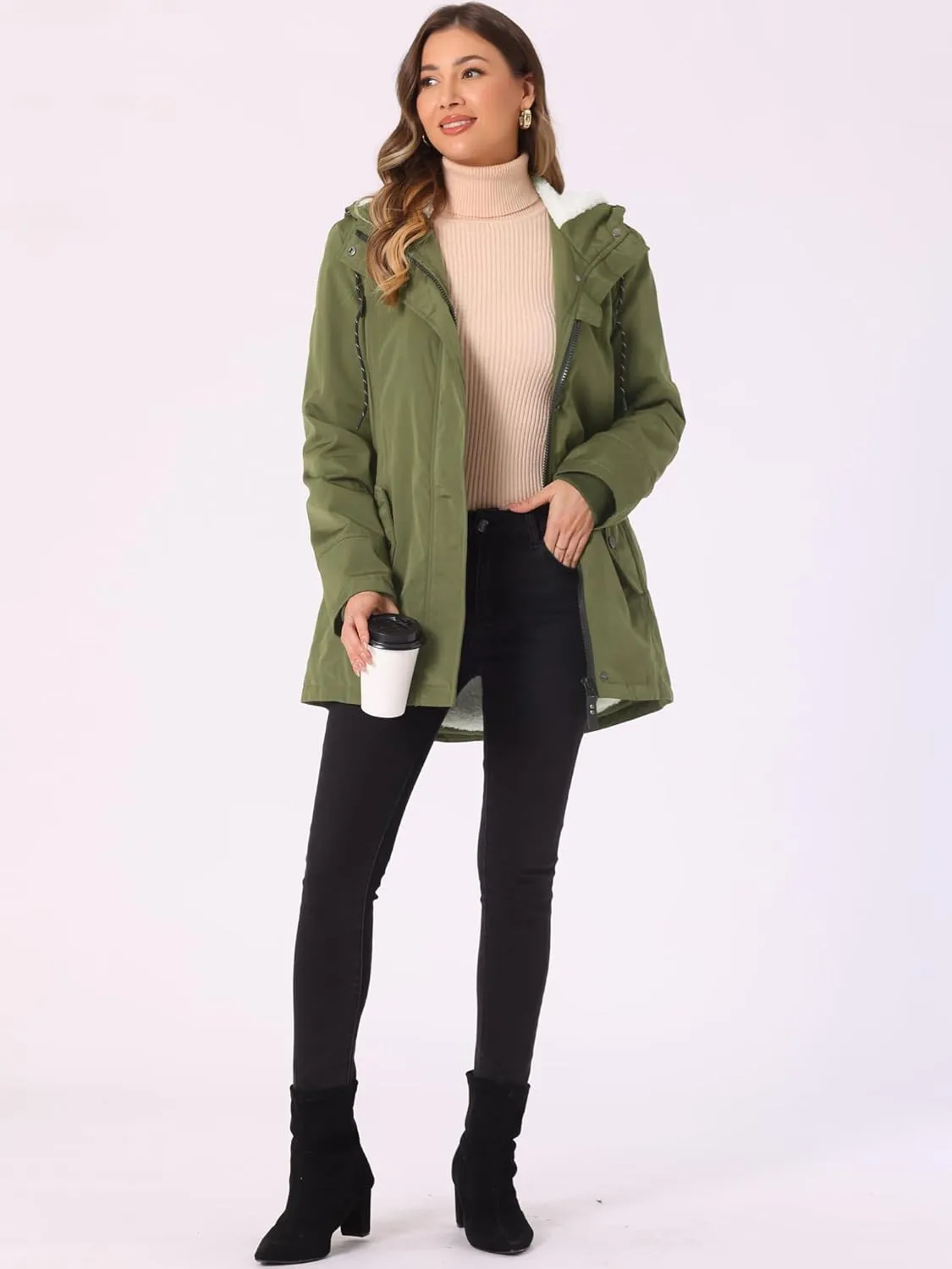 Allegra K Women's Parka Coat Tie Waist Pockets Faux Fur Hooded Jackets