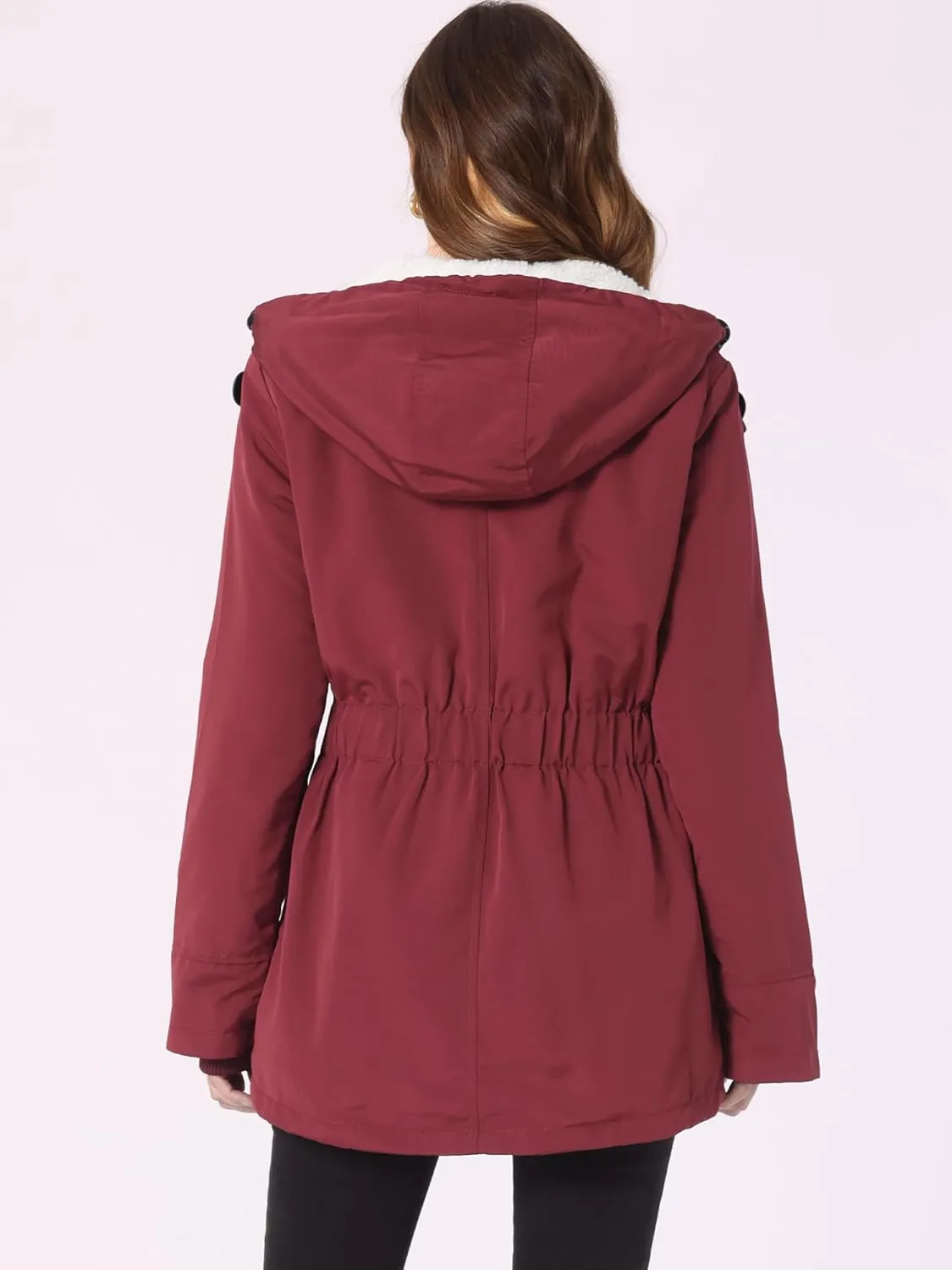 Allegra K Women's Parka Coat Tie Waist Pockets Faux Fur Hooded Jackets