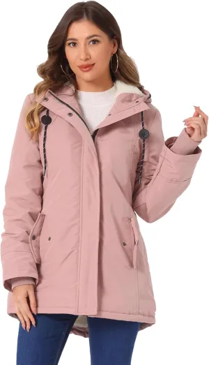 Allegra K Women's Parka Coat Tie Waist Pockets Faux Fur Hooded Jackets
