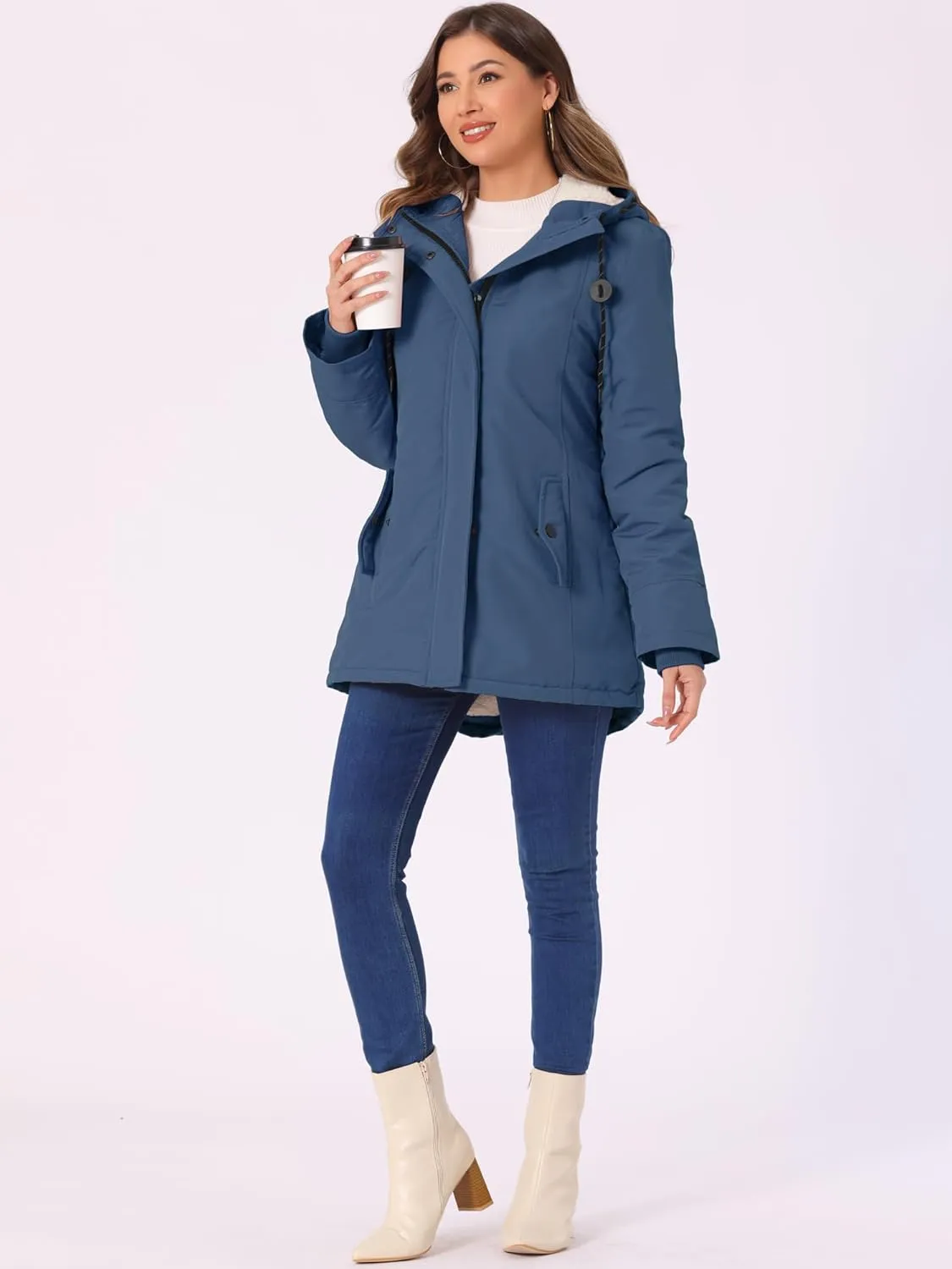 Allegra K Women's Parka Coat Tie Waist Pockets Faux Fur Hooded Jackets