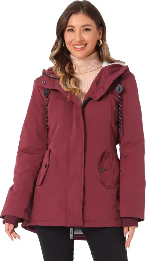 Allegra K Women's Parka Coat Tie Waist Pockets Faux Fur Hooded Jackets