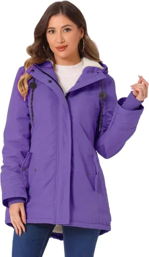 Allegra K Women's Parka Coat Tie Waist Pockets Faux Fur Hooded Jackets