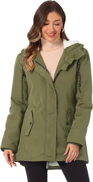 Allegra K Women's Parka Coat Tie Waist Pockets Faux Fur Hooded Jackets