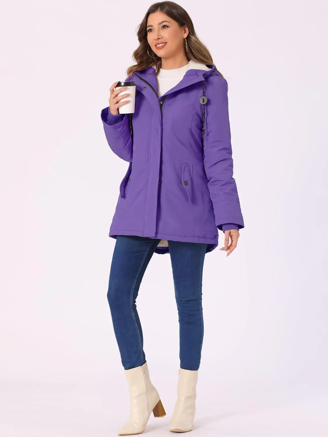 Allegra K Women's Parka Coat Tie Waist Pockets Faux Fur Hooded Jackets