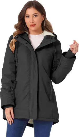Allegra K Women's Parka Coat Tie Waist Pockets Faux Fur Hooded Jackets