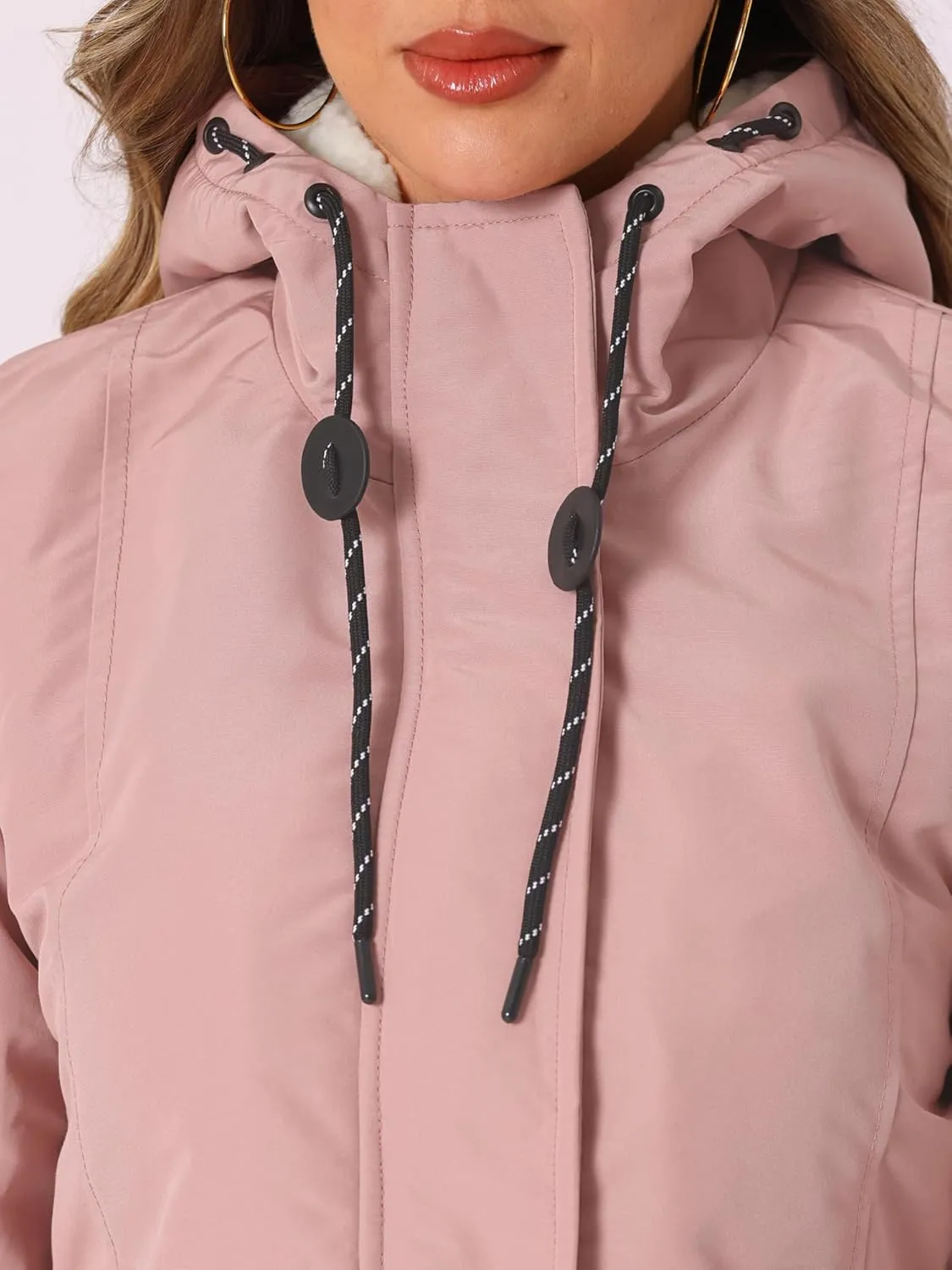 Allegra K Women's Parka Coat Tie Waist Pockets Faux Fur Hooded Jackets