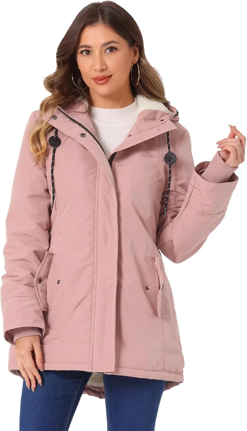 Allegra K Women's Parka Coat Tie Waist Pockets Faux Fur Hooded Jackets