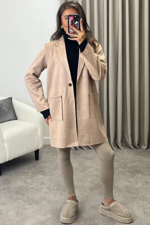 Amore Beige Faux Suede Button Longline Jacket