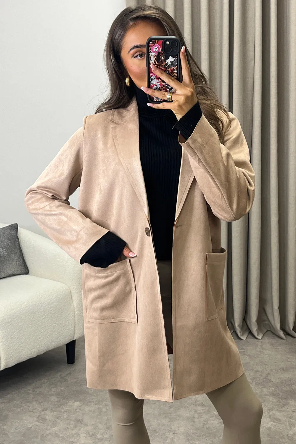 Amore Beige Faux Suede Button Longline Jacket