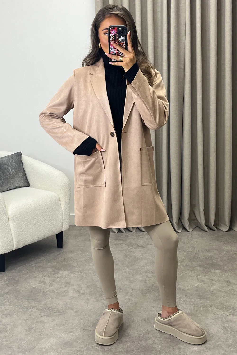 Amore Beige Faux Suede Button Longline Jacket