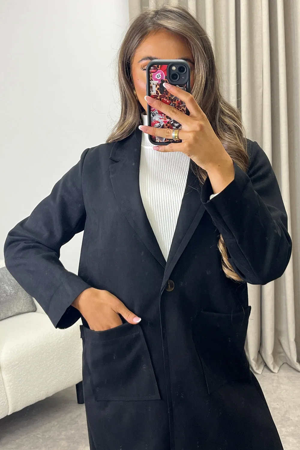Amore Black Faux Suede Button Longline Jacket
