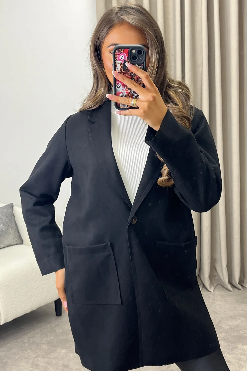 Amore Black Faux Suede Button Longline Jacket