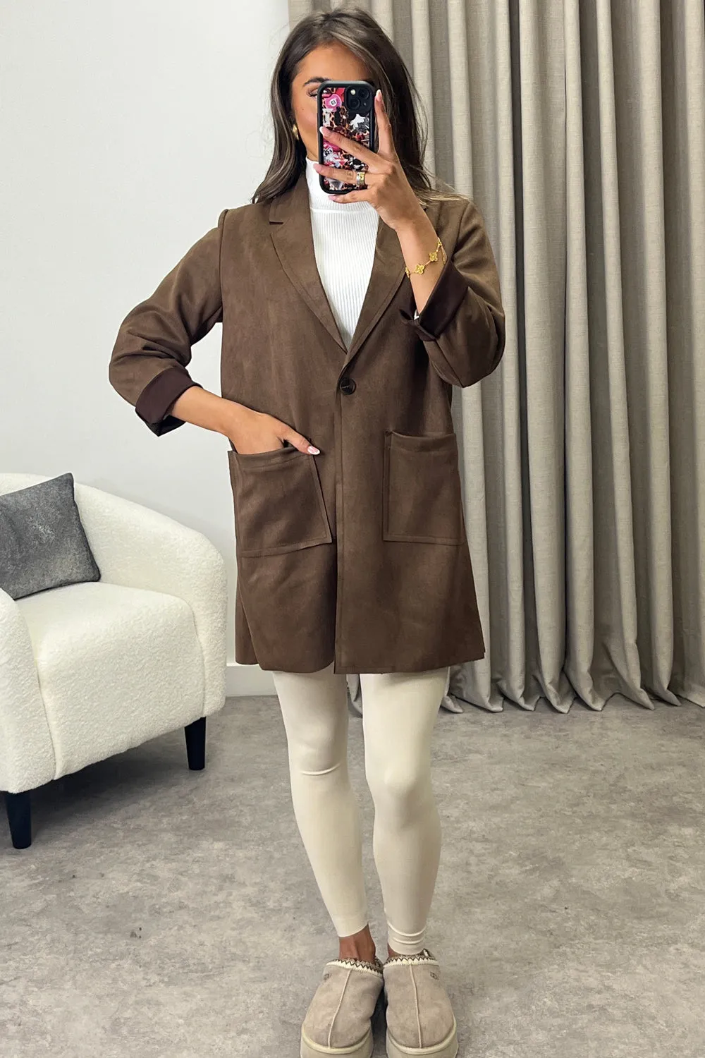 Amore Brown Faux Suede Button Longline Jacket