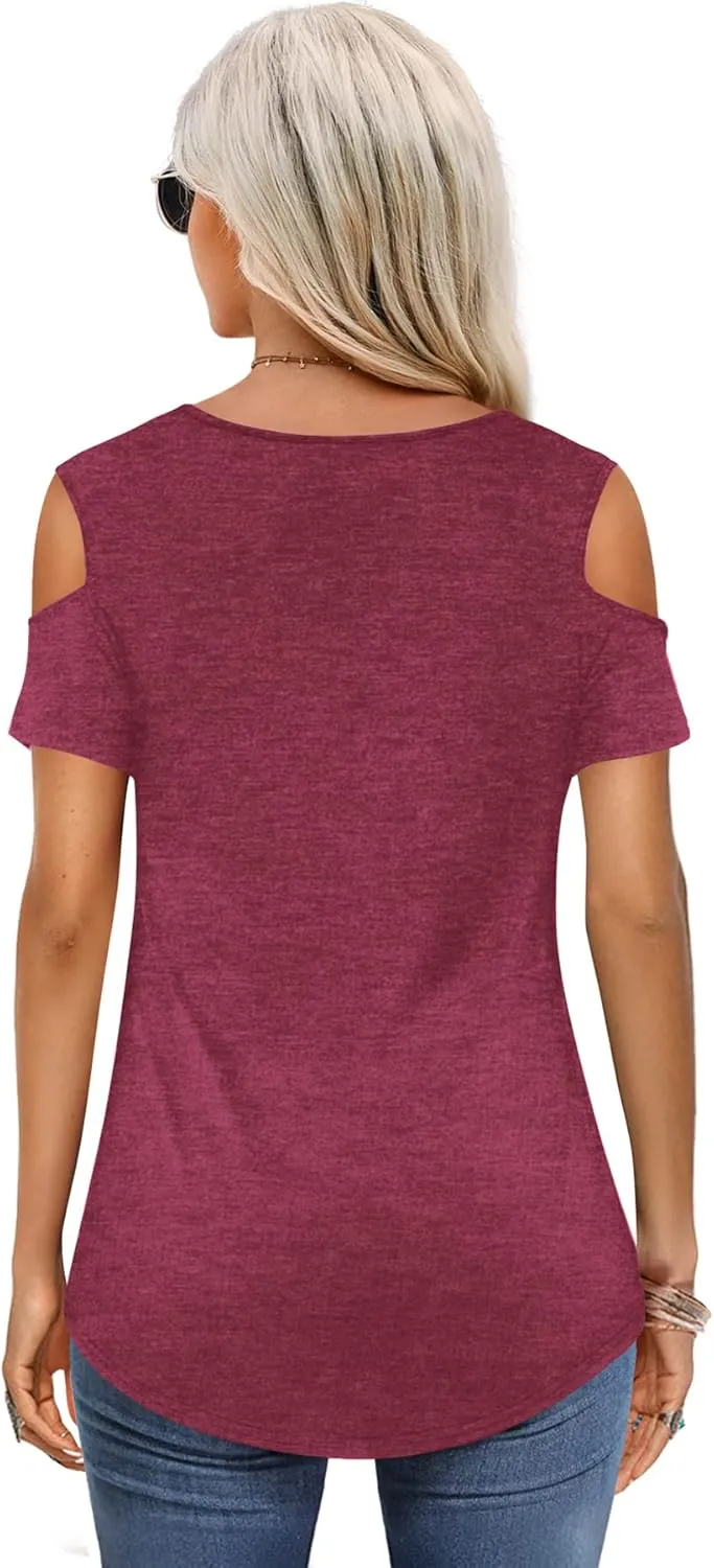 Amoretu Womens Short Sleeve Cold Shoulder Basic Tee Tops Shirts