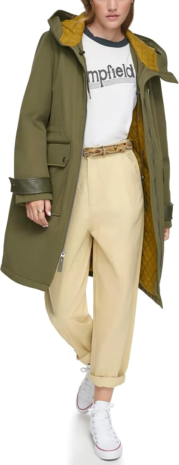 Andrew Marc Women's Gemas Hooded Transitional Water Resistant Parka Trench Coat
