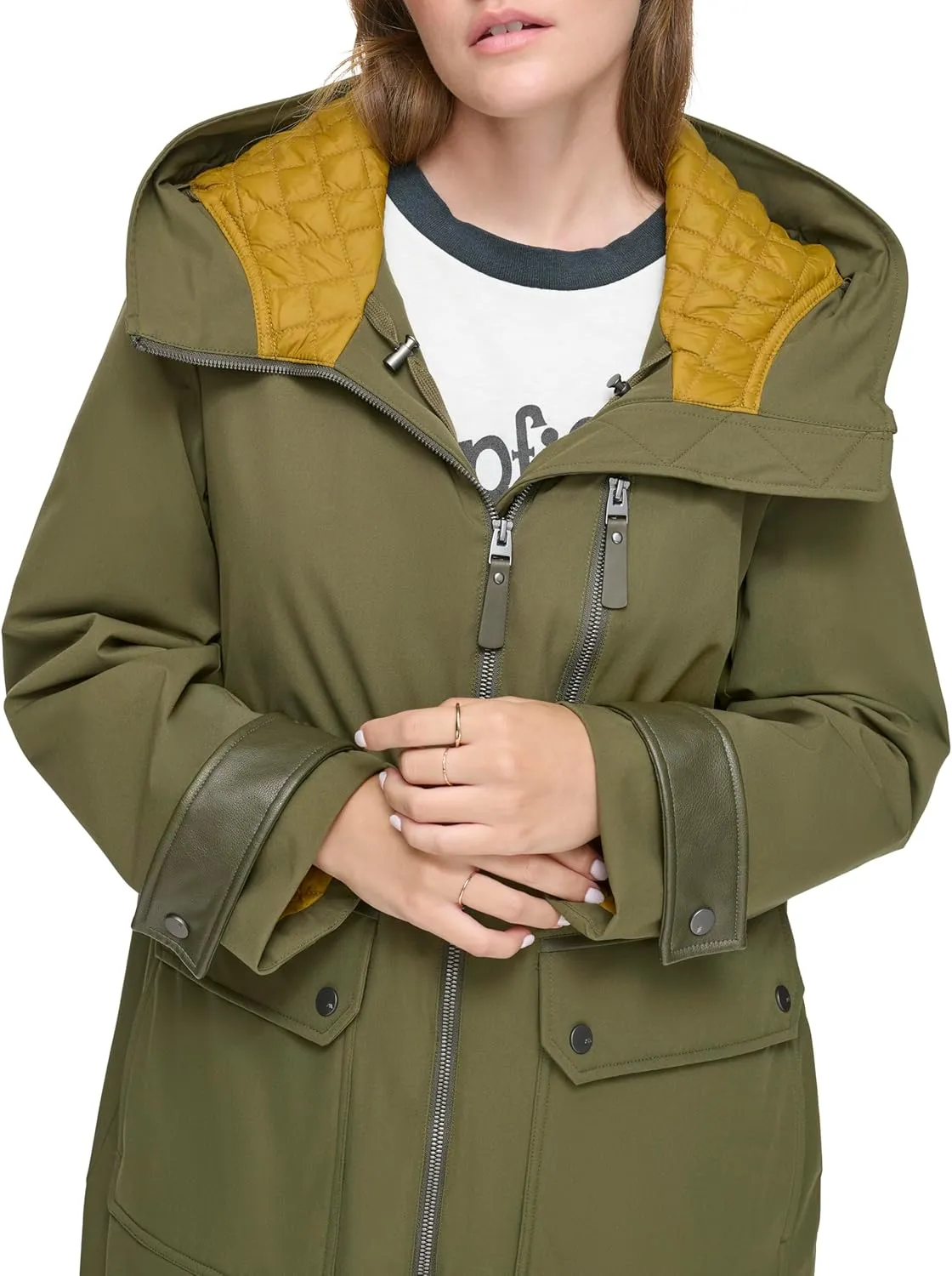 Andrew Marc Women's Gemas Hooded Transitional Water Resistant Parka Trench Coat