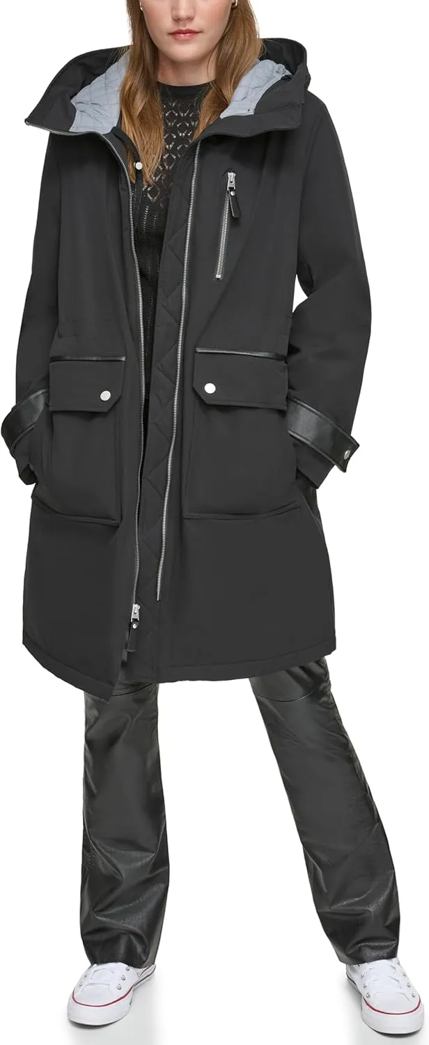 Andrew Marc Women's Gemas Hooded Transitional Water Resistant Parka Trench Coat