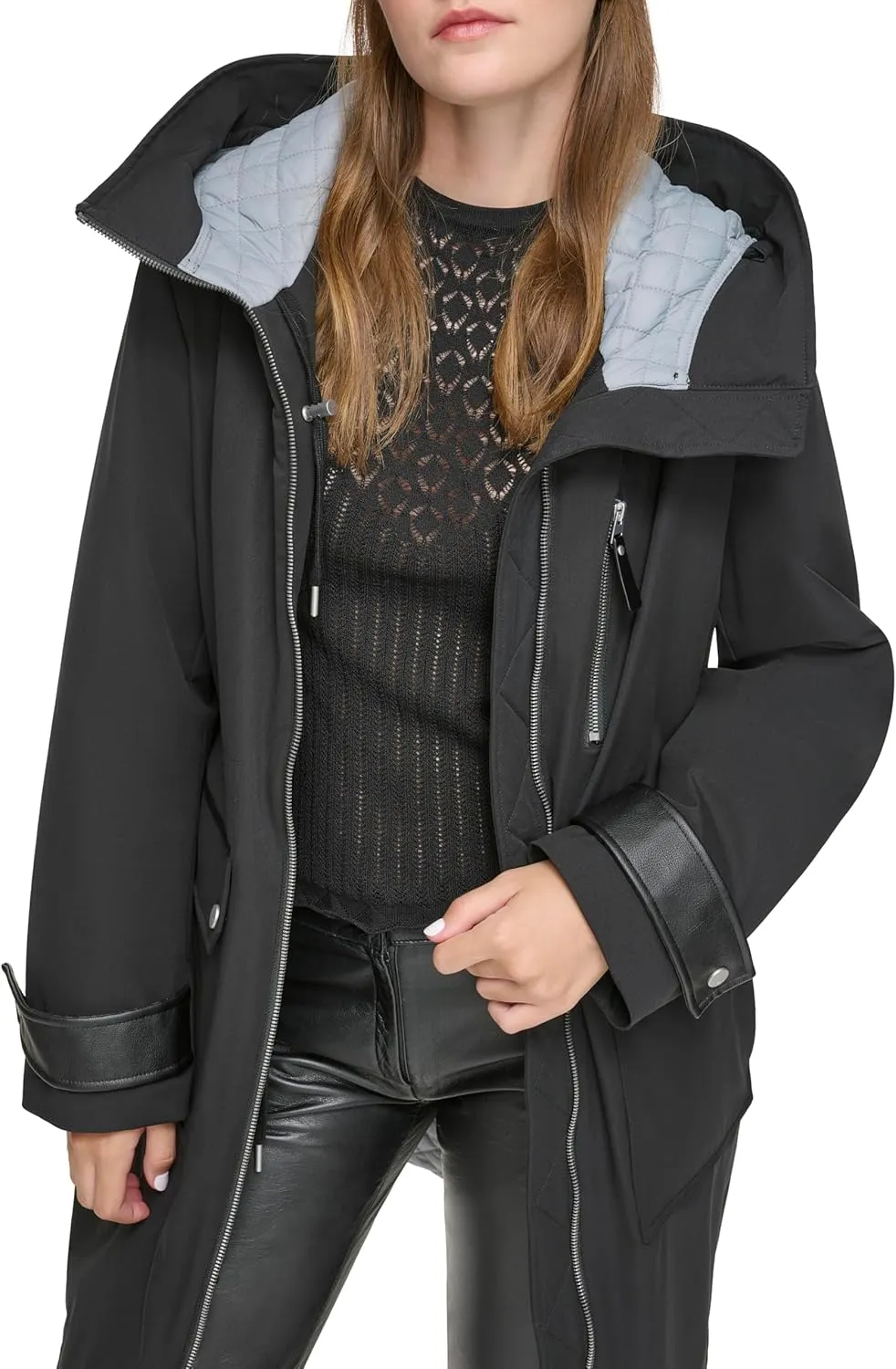 Andrew Marc Women's Gemas Hooded Transitional Water Resistant Parka Trench Coat
