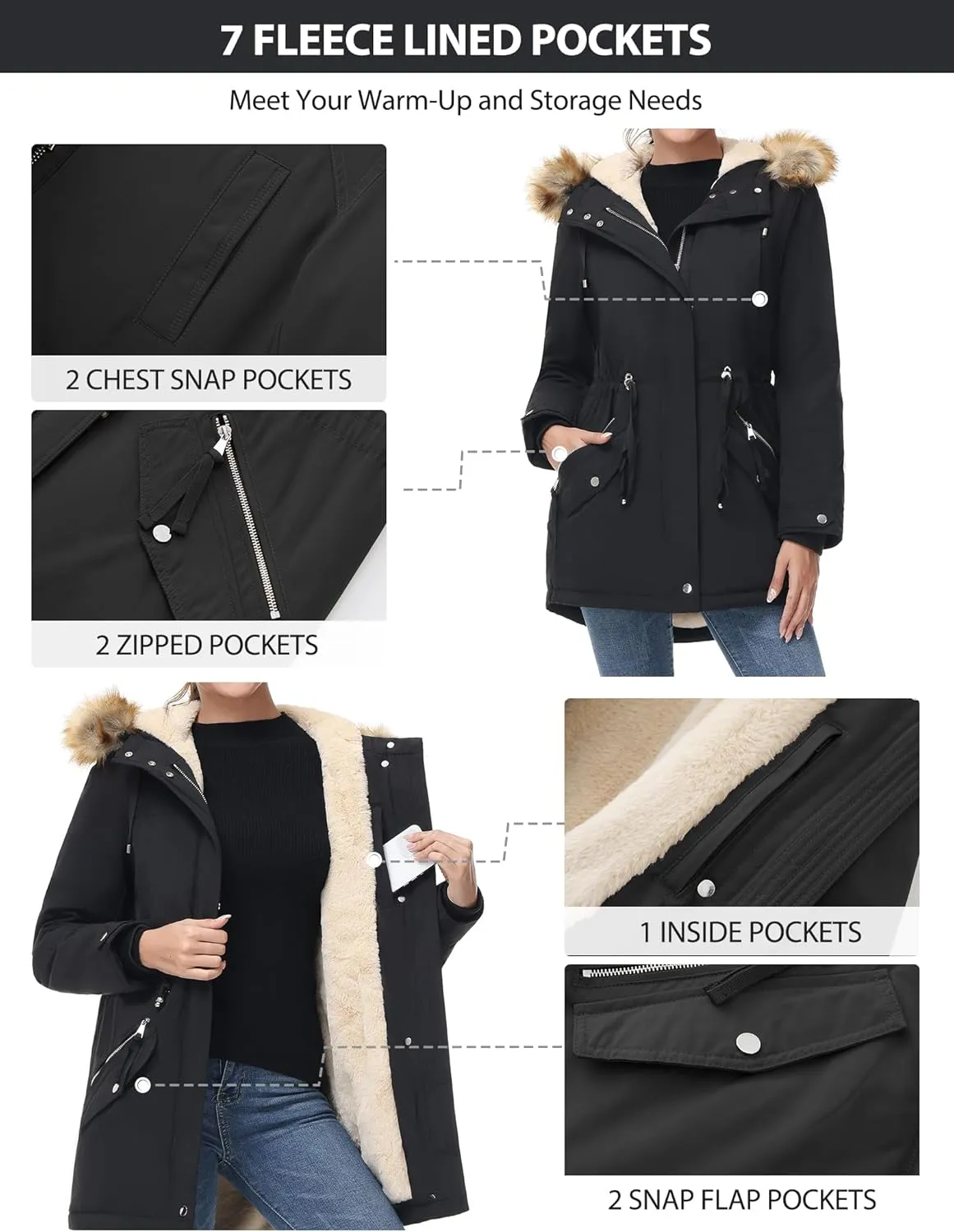 ANOTHER CHOICE Women's Hooded Winter Coat Waterproof Parka Jacket Warm Sherpa FLeece Lined Winter Parka Coat