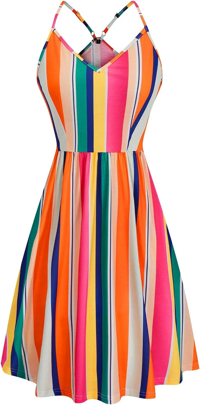 Arach&Cloz Women's V-Neck Spaghetti Strap Sundress Floral Casual Summer Swing Beach Dress with Pockets