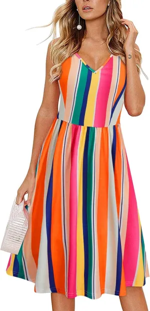 Arach&Cloz Women's V-Neck Spaghetti Strap Sundress Floral Casual Summer Swing Beach Dress with Pockets